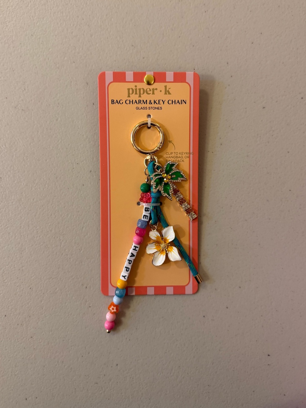 Piper K Palm Tree/Flower/"Be Happy" Bag Charm Key Chain - Multicolor - BRAND NEW